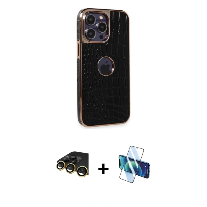 MARSİLYAN™- iPhone 14 Pro Kılıf Ufuk Form Prime - Siyah 3D Antistatik Cam Ekran Koruyucu + Raze Metal Kamera Lens - GD