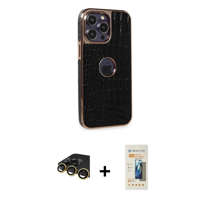 MARSİLYAN™- iPhone 14 Pro Kılıf Ufuk Form Prime - Siyah 6D Mat Seramik Hayalet Nano Ekran Koruyucu + Raze Metal Kamera Lens - GD