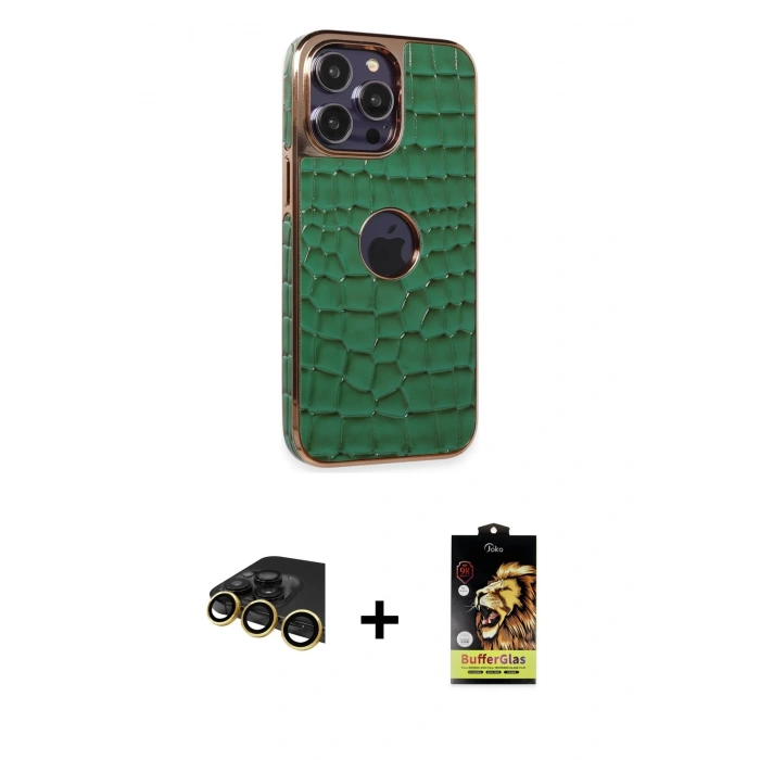 MARSİLYAN™- iPhone 14 Pro Kılıf Ufuk Form Prime - Siyah Buffer Cam Ekran Koruyucu + Gold Raze Metal Kamera Lens