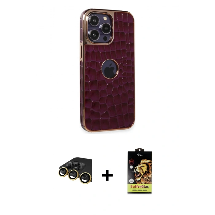 MARSİLYAN™- iPhone 14 Pro Kılıf Ufuk Form Prime - Siyah Buffer Cam Ekran Koruyucu + Gold Raze Metal Kamera Lens