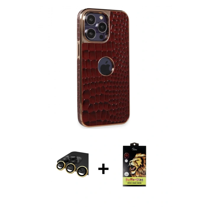MARSİLYAN™- iPhone 14 Pro Kılıf Ufuk Form Prime - Siyah Buffer Cam Ekran Koruyucu + Gold Raze Metal Kamera Lens