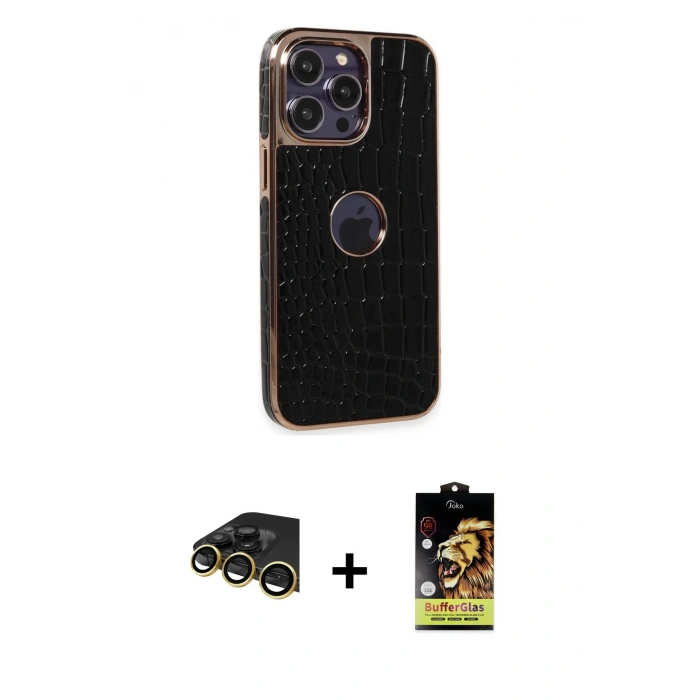 MARSİLYAN™- iPhone 14 Pro Kılıf Ufuk Form Prime - Siyah Buffer Cam Ekran Koruyucu + Gold Raze Metal Kamera Lens