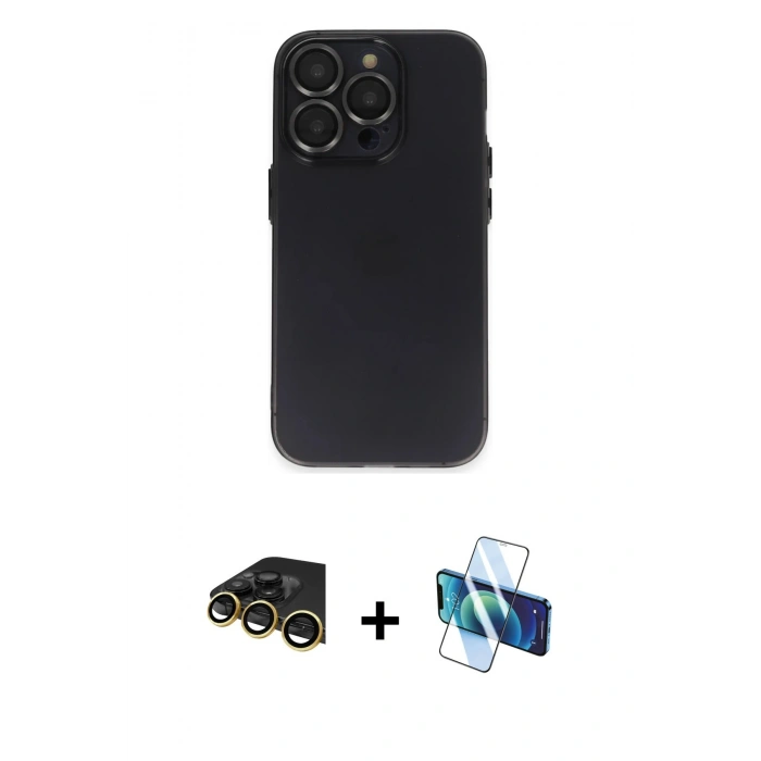 MARSİLYAN™- iPhone 14 Pro Kılıf Ufuk Minimal Özel Seri - Siyah 3D Antistatik Cam Ekran Koruyucu + Raze Metal Kamera Lens - GD