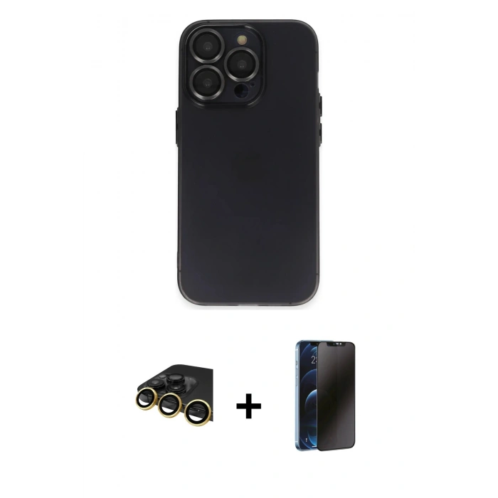 MARSİLYAN™- iPhone 14 Pro Kılıf Ufuk Minimal Özel Seri - Siyah 3D Antistatik Hayalet Cam Ekran Koruyucu + Raze Metal Kamera Lens - GD