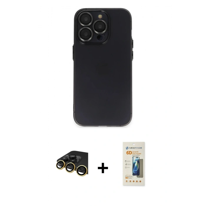 MARSİLYAN™- iPhone 14 Pro Kılıf Ufuk Minimal Özel Seri - Siyah 6D Mat Seramik Hayalet Nano Ekran Koruyucu + Raze Metal Kamera Lens - GD