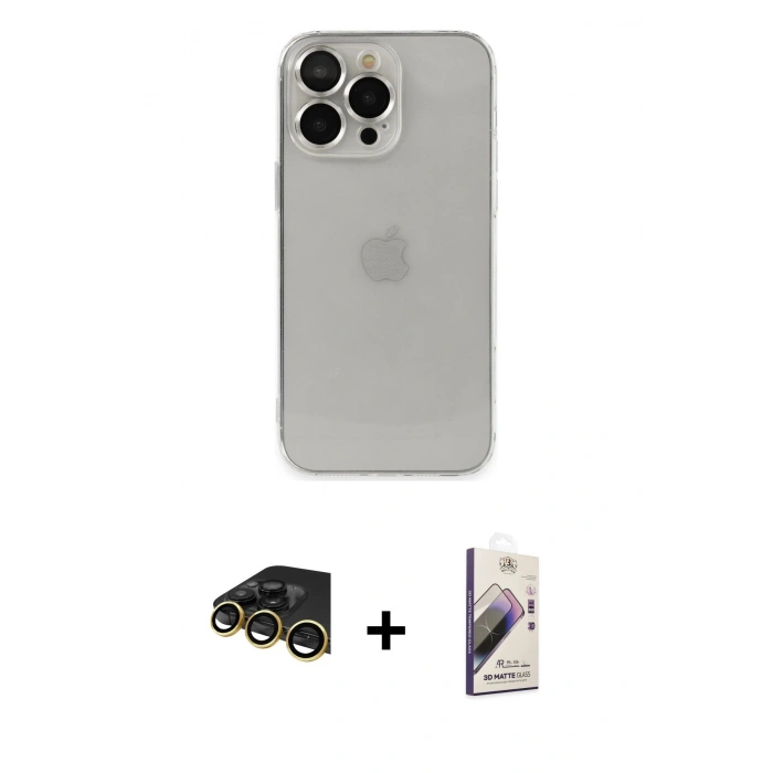 MARSİLYAN™- iPhone 14 Pro Kılıf Ufuk Minimal Özel Seri - Siyah Bilvis 3D Mat Cam Ekran Koruyucu + Raze Metal Kamera Lens - GD