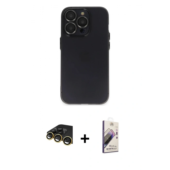 MARSİLYAN™- iPhone 14 Pro Kılıf Ufuk Minimal Özel Seri - Siyah Bilvis 3D Mat Cam Ekran Koruyucu + Raze Metal Kamera Lens - GD