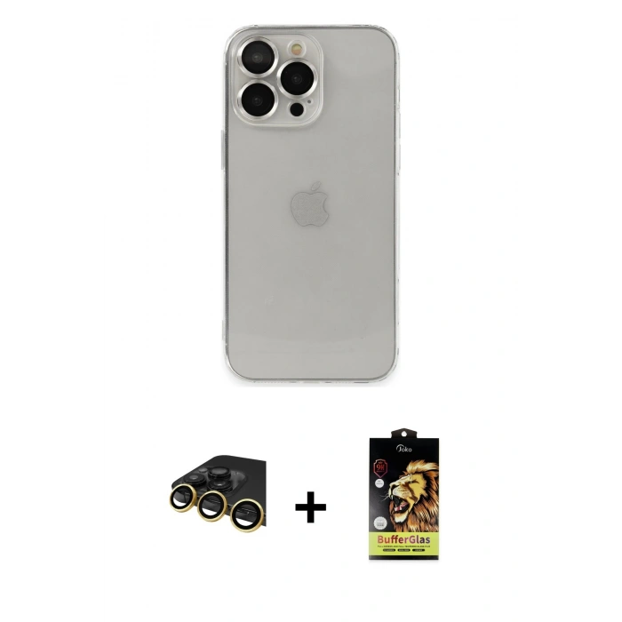 MARSİLYAN™- iPhone 14 Pro Kılıf Ufuk Minimal Özel Seri - Siyah Buffer Cam Ekran Koruyucu + Raze Metal Kamera Lens - GD