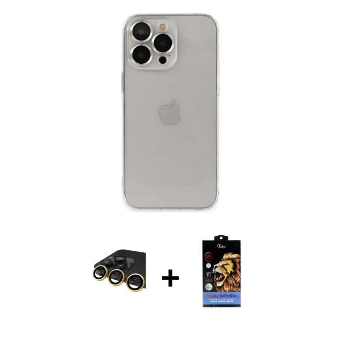 MARSİLYAN™- iPhone 14 Pro Kılıf Ufuk Minimal Özel Seri - Siyah Buffer Hayalet Cam Ekran Koruyucu + Raze Metal Kamera Lens - GD