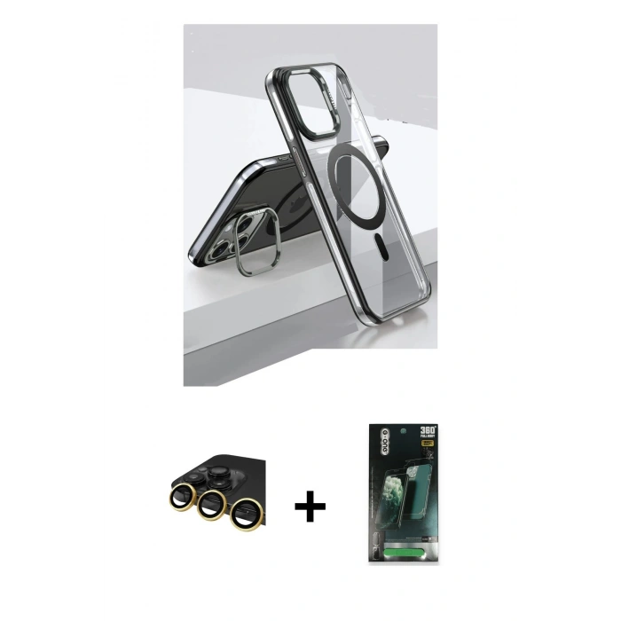 MARSİLYAN™- iPhone 14 Pro Kılıf Vadi Çizgi Özel Seri - Siyah 360 Mat Full Body Arka Koruyucu + Raze Metal Kamera Lens - GD
