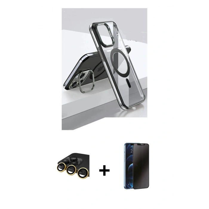 MARSİLYAN™- iPhone 14 Pro Kılıf Vadi Çizgi Özel Seri - Siyah 3D Antistatik Hayalet Cam Ekran Koruyucu + Raze Metal Kamera Lens - GD