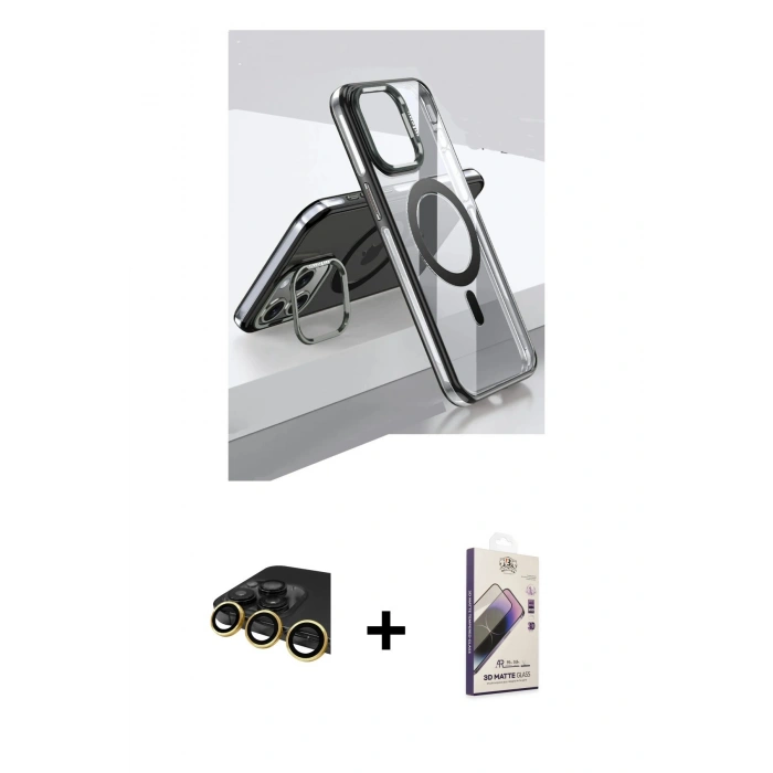 MARSİLYAN™- iPhone 14 Pro Kılıf Vadi Çizgi Özel Seri - Siyah Bilvis 3D Mat Cam Ekran Koruyucu + Raze Metal Kamera Lens - GD