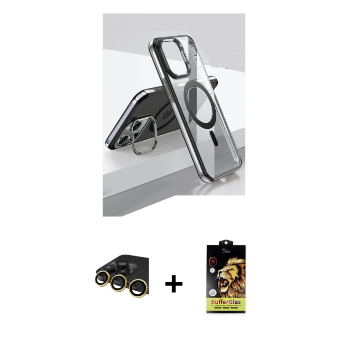 MARSİLYAN™- iPhone 14 Pro Kılıf Vadi Çizgi Özel Seri - Siyah Buffer Cam Ekran Koruyucu + Raze Metal Kamera Lens - GD