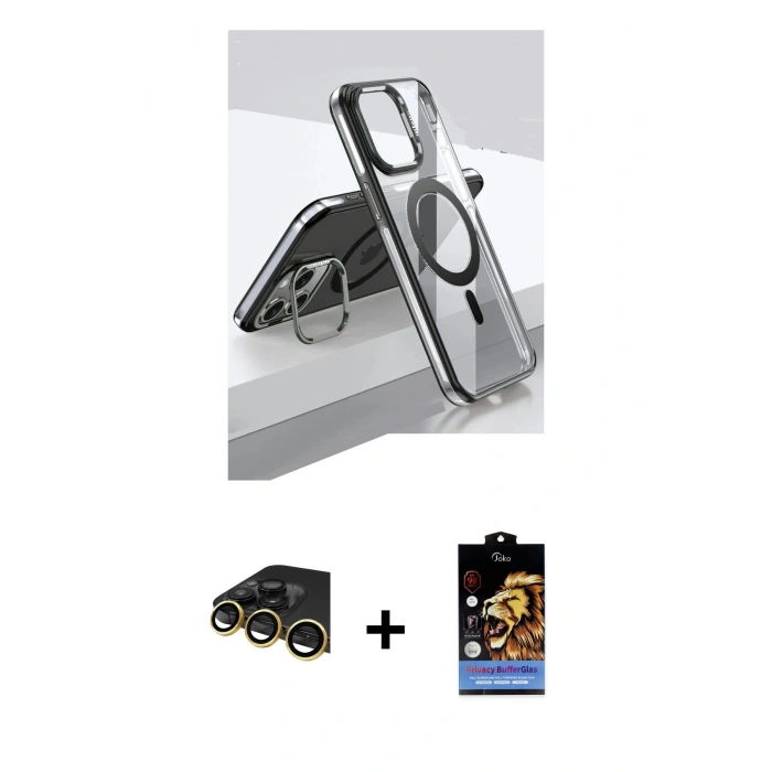 MARSİLYAN™- iPhone 14 Pro Kılıf Vadi Çizgi Özel Seri - Siyah Buffer Hayalet Cam Ekran Koruyucu + Gold Raze Metal Kamera Lens