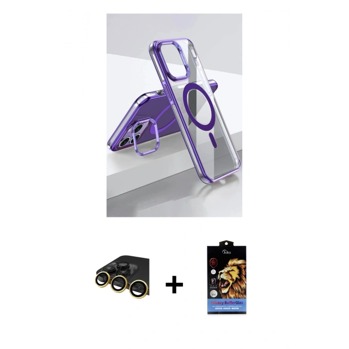 MARSİLYAN™- iPhone 14 Pro Kılıf Vadi Çizgi Özel Seri - Siyah Buffer Hayalet Cam Ekran Koruyucu + Gold Raze Metal Kamera Lens