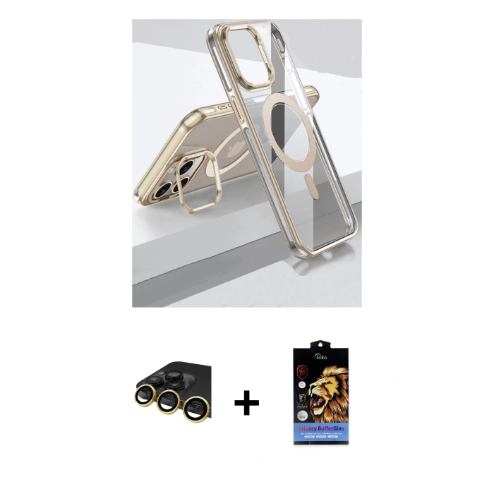 MARSİLYAN™- iPhone 14 Pro Kılıf Vadi Çizgi Özel Seri - Siyah Buffer Hayalet Cam Ekran Koruyucu + Gold Raze Metal Kamera Lens