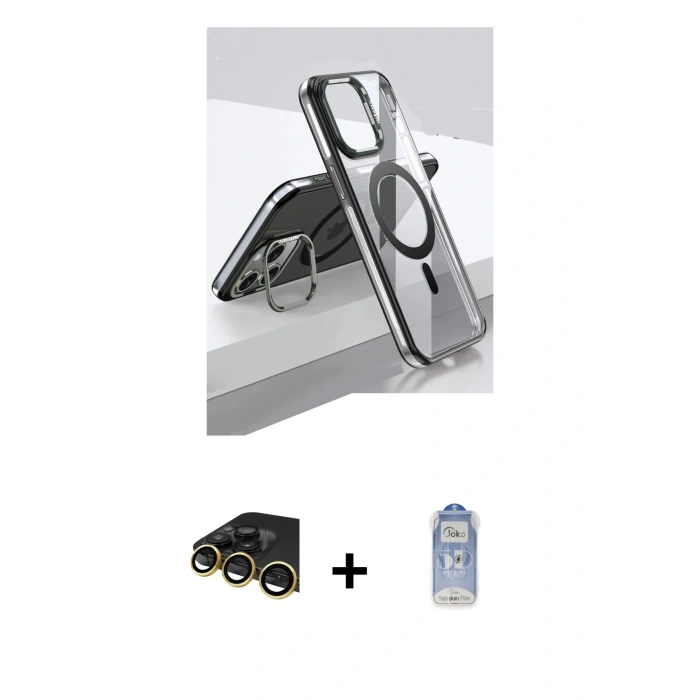 MARSİLYAN™- iPhone 14 Pro Kılıf Vadi Çizgi Özel Seri - Siyah Joko Magic 5D Cam + Gold Raze Metal Kamera Lens