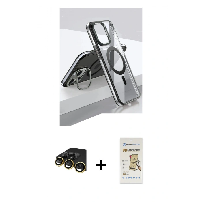 MARSİLYAN™- iPhone 14 Pro Kılıf Vadi Çizgi Özel Seri - Siyah Mat Seramik Nano Ekran Koruyucu + Gold Raze Metal Kamera Lens