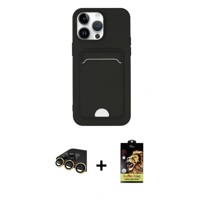 MARSİLYAN™- iPhone 14 Pro Kılıf Vadi Çizgi Prime - Siyah Buffer Cam Ekran Koruyucu + Raze Metal Kamera Lens - GD