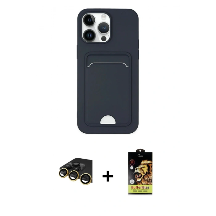 MARSİLYAN™- iPhone 14 Pro Kılıf Vadi Çizgi Prime - Siyah Buffer Cam Ekran Koruyucu + Raze Metal Kamera Lens - GD