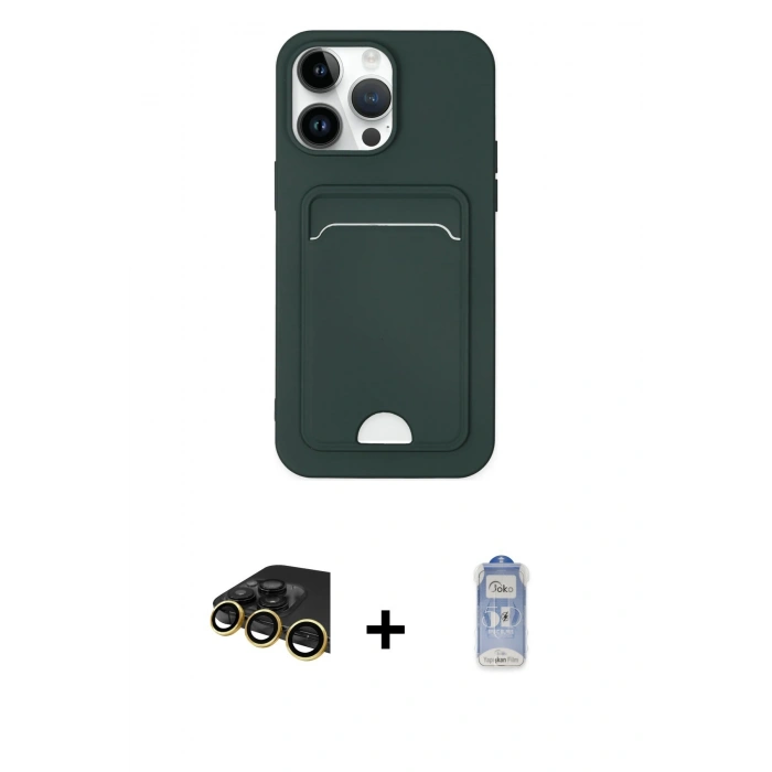 MARSİLYAN™- iPhone 14 Pro Kılıf Vadi Çizgi Prime - Siyah Joko Magic 5D Cam + Gold Raze Metal Kamera Lens