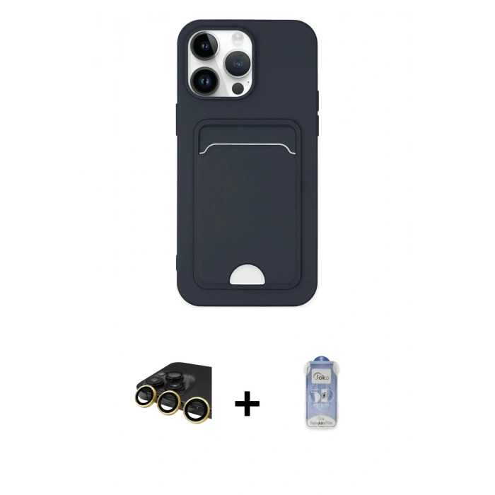 MARSİLYAN™- iPhone 14 Pro Kılıf Vadi Çizgi Prime - Siyah Joko Magic 5D Cam + Gold Raze Metal Kamera Lens