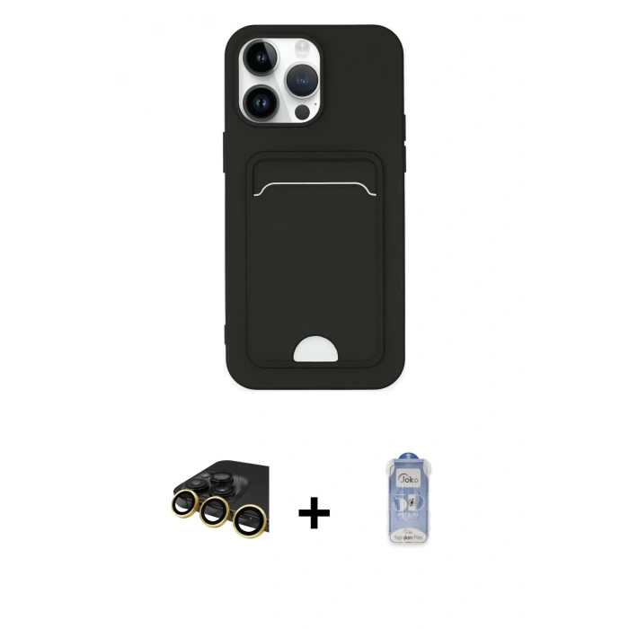MARSİLYAN™- iPhone 14 Pro Kılıf Vadi Çizgi Prime - Siyah Joko Magic 5D Cam + Gold Raze Metal Kamera Lens