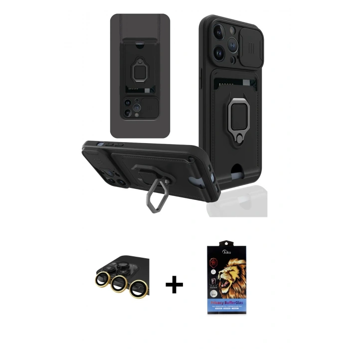 MARSİLYAN™- iPhone 14 Pro Kılıf Vadi Form Prime - Siyah Buffer Hayalet Cam Ekran Koruyucu + Raze Metal Kamera Lens - GD