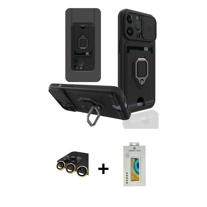 MARSİLYAN™- iPhone 14 Pro Kılıf Vadi Form Prime - Siyah Polymer Nano Ekran Koruyucu + Raze Metal Kamera Lens - GD