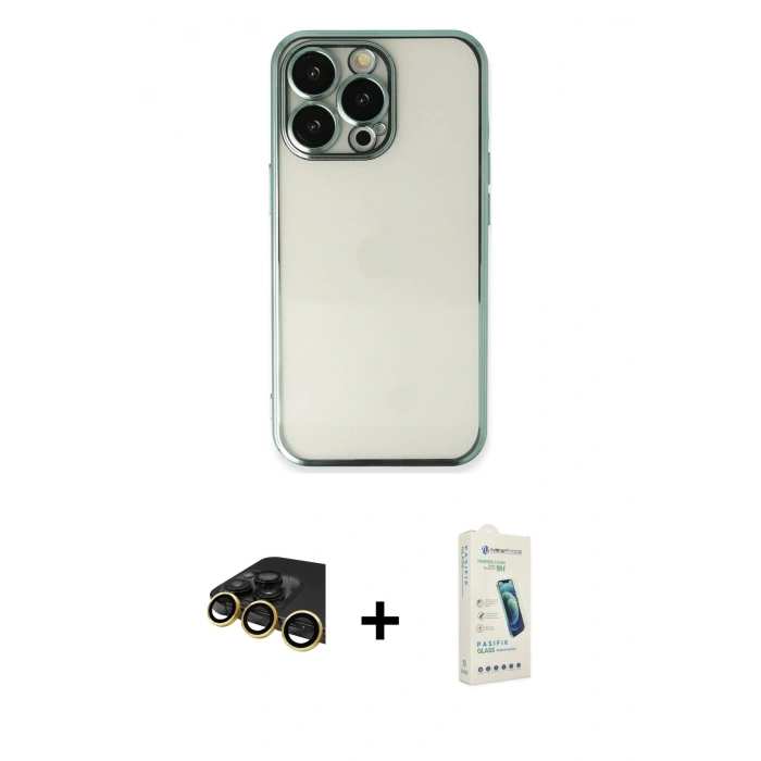 MARSİLYAN™- iPhone 14 Pro Kılıf Vadi Minimal - Şeffaf Pasifik Cam Ekran Koruyucu + Raze Metal Kamera Lens - GD