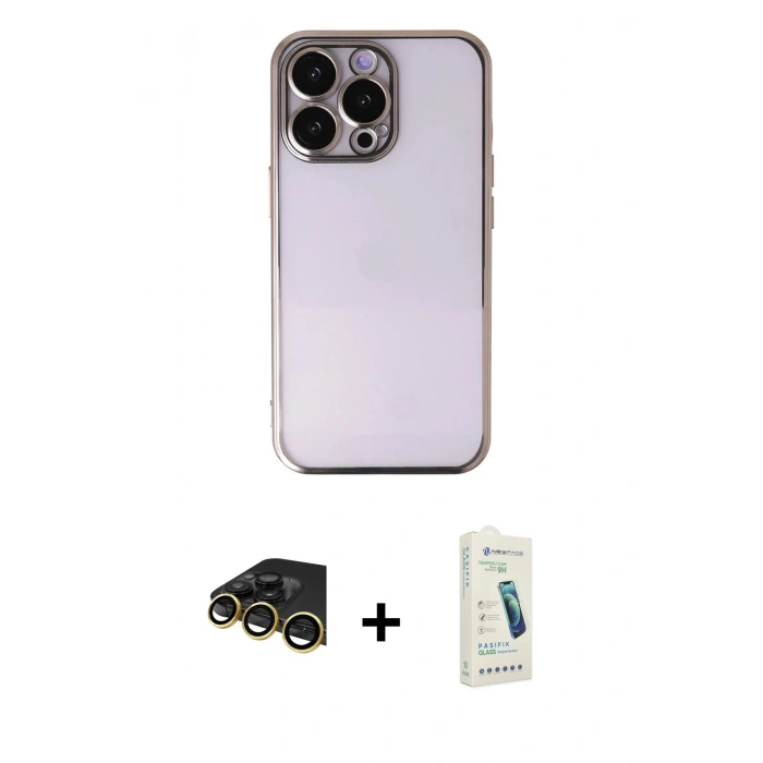 MARSİLYAN™- iPhone 14 Pro Kılıf Vadi Minimal - Şeffaf Pasifik Cam Ekran Koruyucu + Raze Metal Kamera Lens - GD