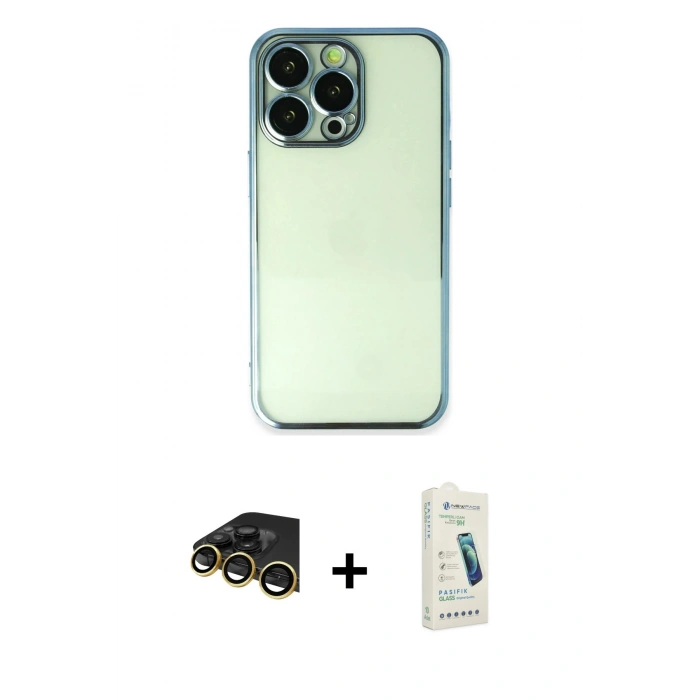 MARSİLYAN™- iPhone 14 Pro Kılıf Vadi Minimal - Şeffaf Pasifik Cam Ekran Koruyucu + Raze Metal Kamera Lens - GD