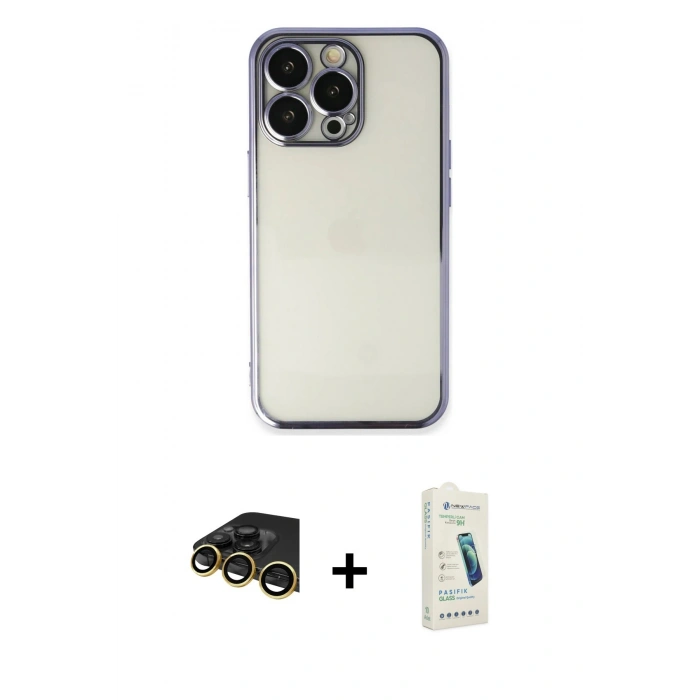 MARSİLYAN™- iPhone 14 Pro Kılıf Vadi Minimal - Şeffaf Pasifik Cam Ekran Koruyucu + Raze Metal Kamera Lens - GD