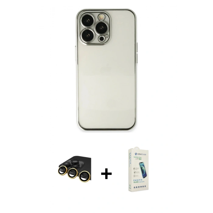 MARSİLYAN™- iPhone 14 Pro Kılıf Vadi Minimal - Şeffaf Pasifik Cam Ekran Koruyucu + Raze Metal Kamera Lens - GD