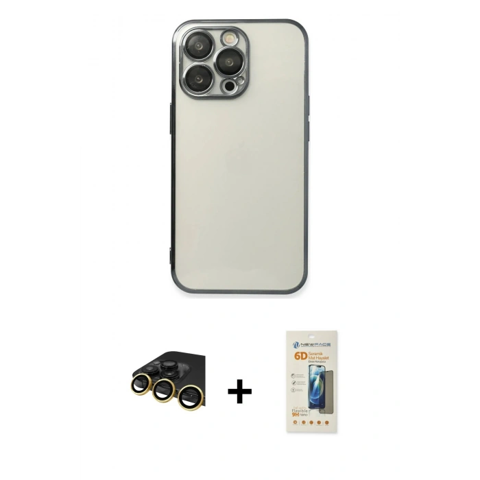 MARSİLYAN™- iPhone 14 Pro Kılıf Vadi Minimal - Siyah 6D Mat Seramik Hayalet Nano Ekran Koruyucu + Raze Metal Kamera Lens - GD