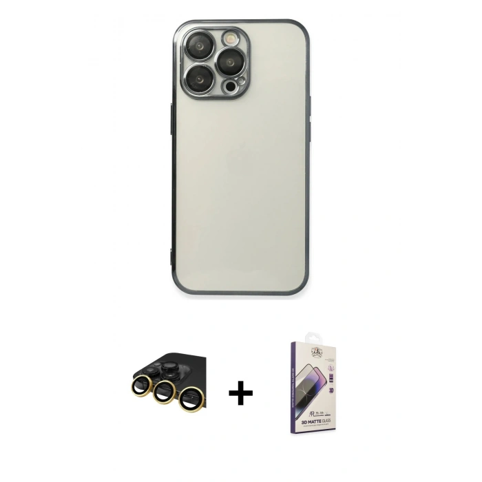 MARSİLYAN™- iPhone 14 Pro Kılıf Vadi Minimal - Siyah Bilvis 3D Mat Cam Ekran Koruyucu + Raze Metal Kamera Lens - GD