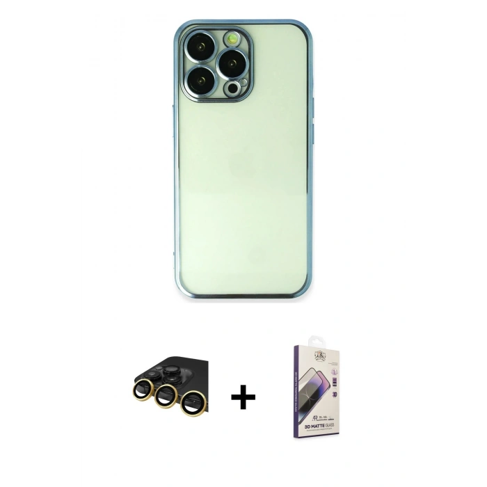 MARSİLYAN™- iPhone 14 Pro Kılıf Vadi Minimal - Siyah Bilvis 3D Mat Cam Ekran Koruyucu + Raze Metal Kamera Lens - GD