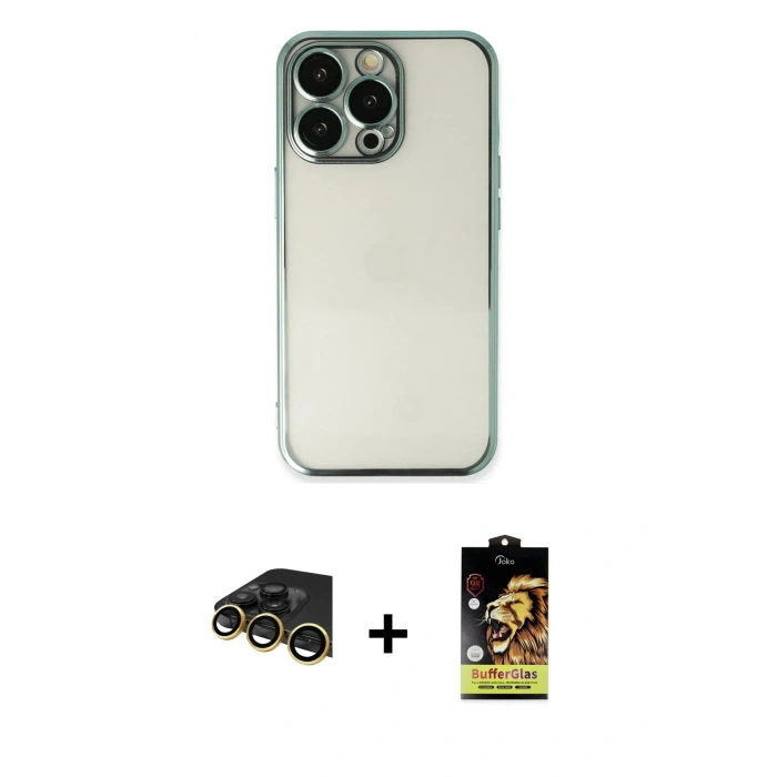 MARSİLYAN™- iPhone 14 Pro Kılıf Vadi Minimal - Siyah Buffer Cam Ekran Koruyucu + Gold Raze Metal Kamera Lens