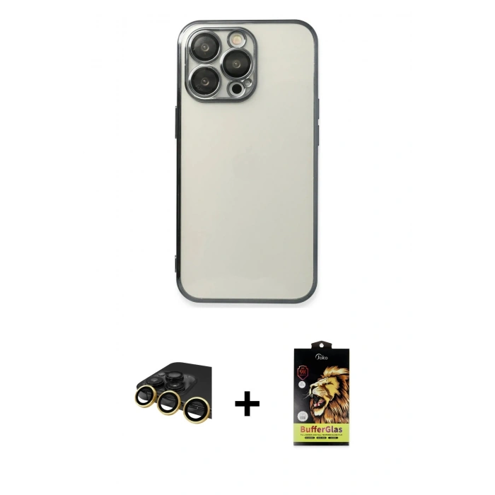 MARSİLYAN™- iPhone 14 Pro Kılıf Vadi Minimal - Siyah Buffer Cam Ekran Koruyucu + Gold Raze Metal Kamera Lens