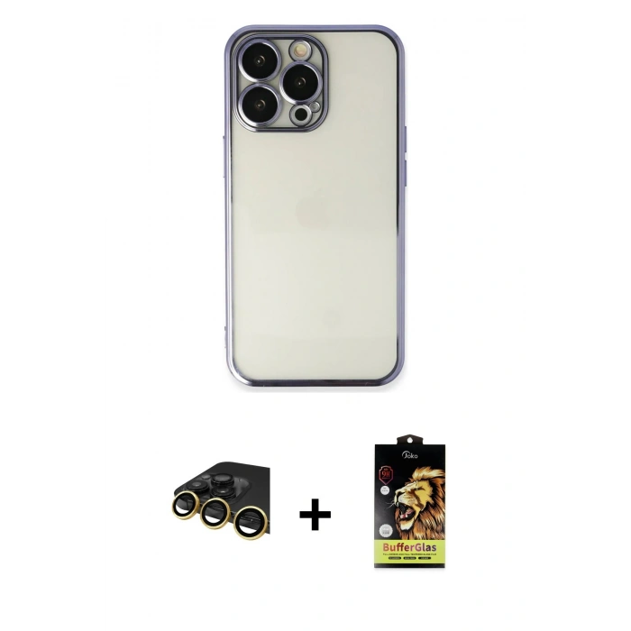 MARSİLYAN™- iPhone 14 Pro Kılıf Vadi Minimal - Siyah Buffer Cam Ekran Koruyucu + Gold Raze Metal Kamera Lens