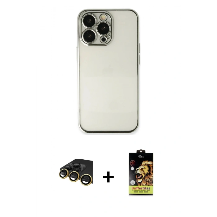 MARSİLYAN™- iPhone 14 Pro Kılıf Vadi Minimal - Siyah Buffer Cam Ekran Koruyucu + Gold Raze Metal Kamera Lens