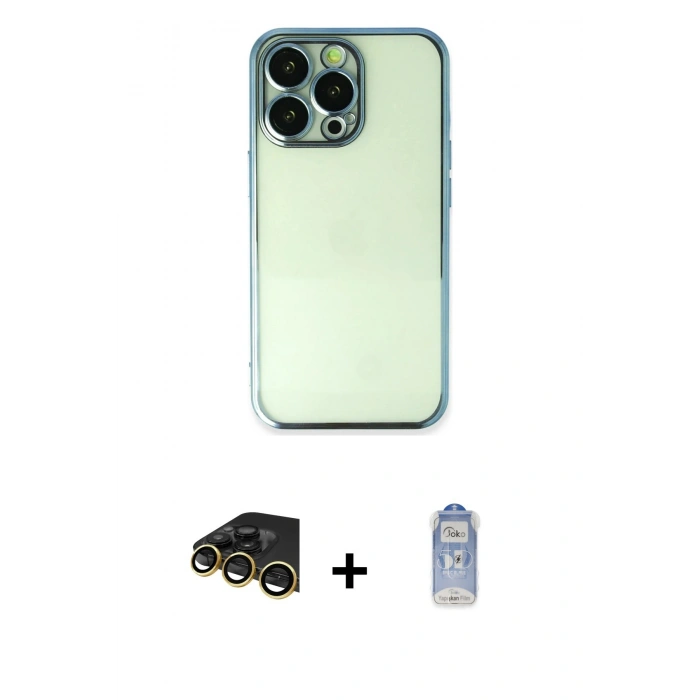 MARSİLYAN™- iPhone 14 Pro Kılıf Vadi Minimal - Siyah Joko Magic 5D Cam + Gold Raze Metal Kamera Lens