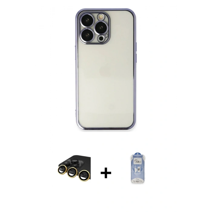 MARSİLYAN™- iPhone 14 Pro Kılıf Vadi Minimal - Siyah Joko Magic 5D Cam + Gold Raze Metal Kamera Lens