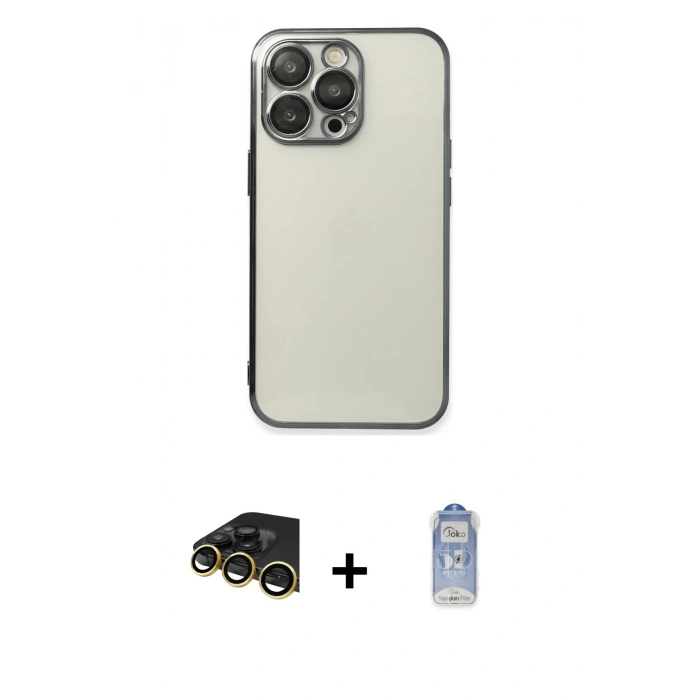 MARSİLYAN™- iPhone 14 Pro Kılıf Vadi Minimal - Siyah Joko Magic 5D Cam + Gold Raze Metal Kamera Lens