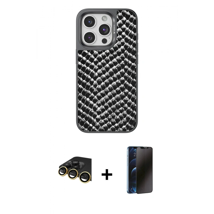 MARSİLYAN™- iPhone 14 Pro Kılıf Vadi Özel Seri - Siyah 3D Antistatik Hayalet Cam Ekran Koruyucu + Raze Metal Kamera Lens - GD