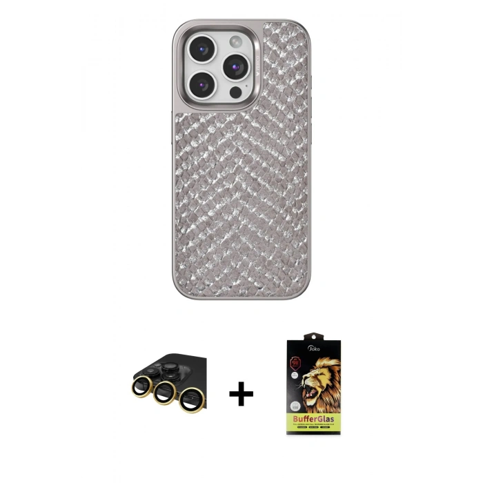 MARSİLYAN™- iPhone 14 Pro Kılıf Vadi Özel Seri - Siyah Buffer Cam Ekran Koruyucu + Raze Metal Kamera Lens - GD