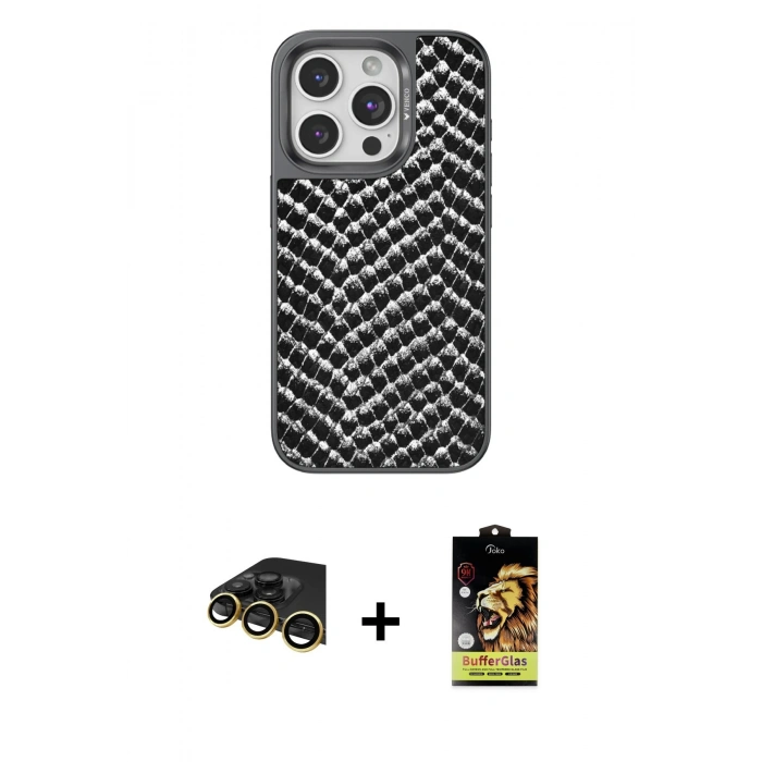 MARSİLYAN™- iPhone 14 Pro Kılıf Vadi Özel Seri - Siyah Buffer Cam Ekran Koruyucu + Raze Metal Kamera Lens - GD