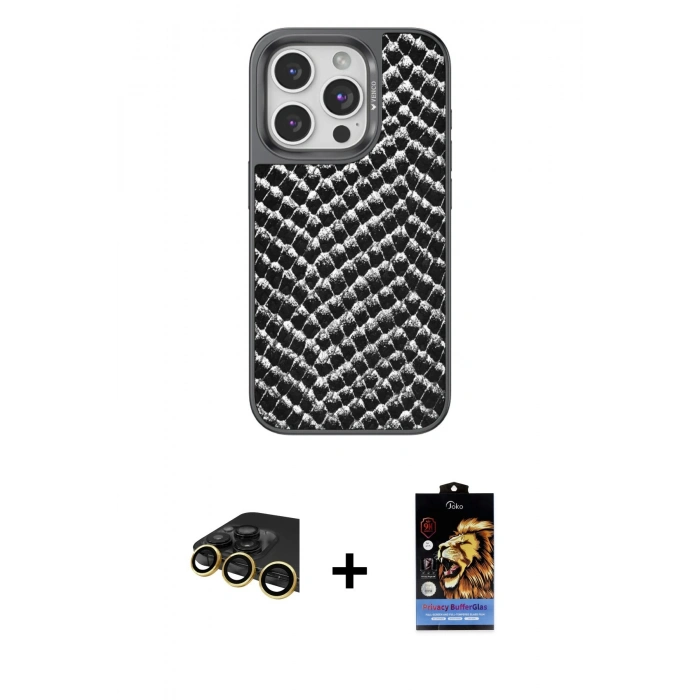 MARSİLYAN™- iPhone 14 Pro Kılıf Vadi Özel Seri - Siyah Buffer Hayalet Cam Ekran Koruyucu + Gold Raze Metal Kamera Lens
