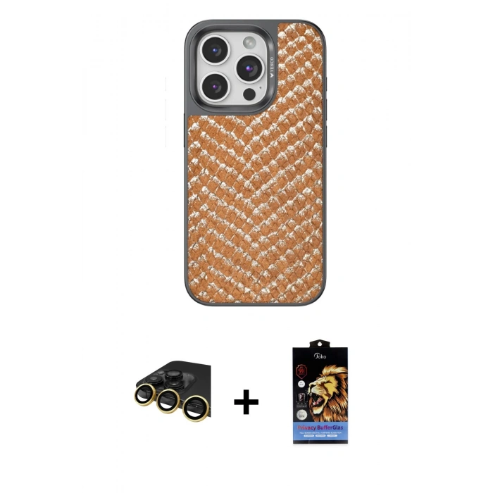 MARSİLYAN™- iPhone 14 Pro Kılıf Vadi Özel Seri - Siyah Buffer Hayalet Cam Ekran Koruyucu + Gold Raze Metal Kamera Lens