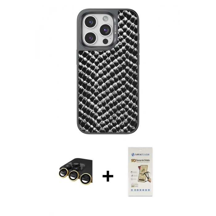 MARSİLYAN™- iPhone 14 Pro Kılıf Vadi Özel Seri - Siyah Mat Seramik Nano Ekran Koruyucu + Raze Metal Kamera Lens - GD